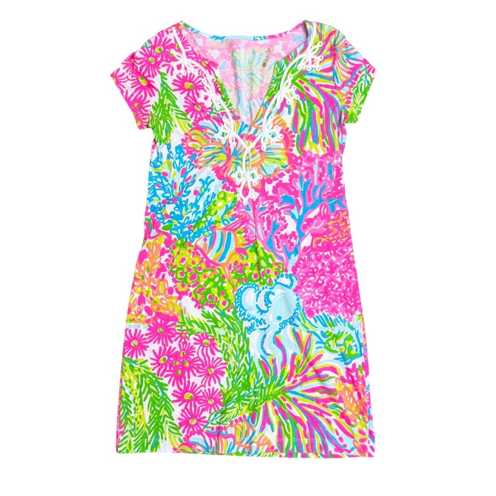 Lilly Pulitzer brewster Floral Coral Pima Cotton Soutache‎ V-Neck Dress xs